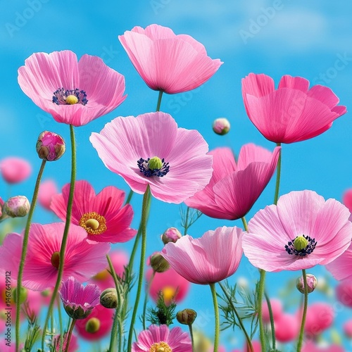 Beautiful Pink Flowers Blooming Under Clear Blue Sky in Spring