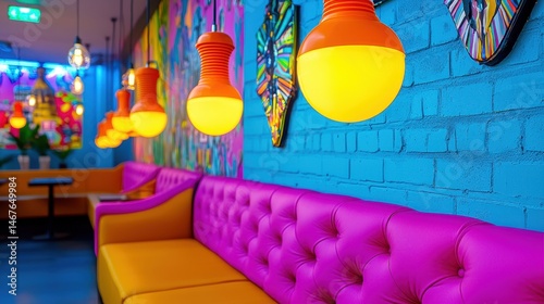Vibrant Cafe Interior with Colorful Walls and Unique Lighting Design