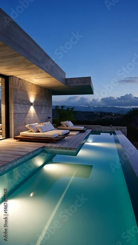 Luxury villa with infinity pool and outdoor daybeds at dusk under a dark blue sky.