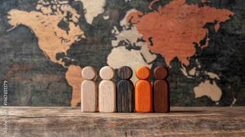 Wooden figurines of diverse colors stand against a world map background, representing inclusivity and diversity, Ideal for projects on global unity, teamwork, or cultural representation,