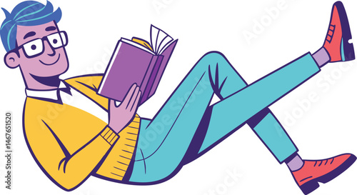 Quirky Cartoon Man Reading Book on Back in Woodcut Style Illustration