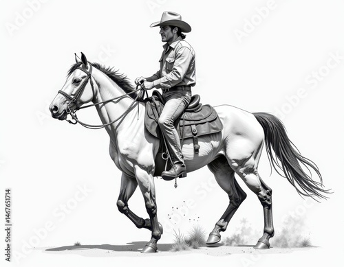Cowboy Riding Horse, Black and White Illustration photo