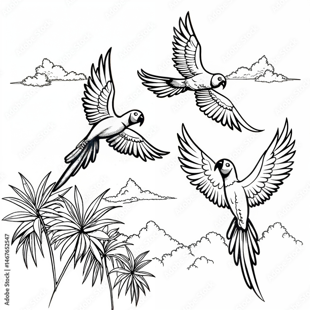 Obraz premium Three outlined macaws flying above tropical palms and mountains in a black-and-white sketch