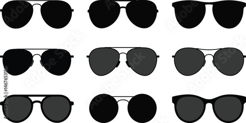 A collection of stylish sunglasses in different designs and dark shades for summer fashion