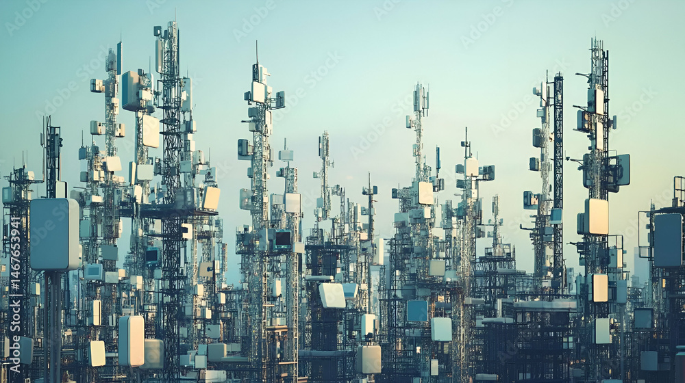 Fototapeta premium Futuristic Cityscape of Geometric Towers and Cubes Under a Pastel Sky