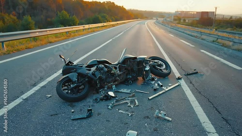 Destroyed motorcycle lies on empty highway after road accident