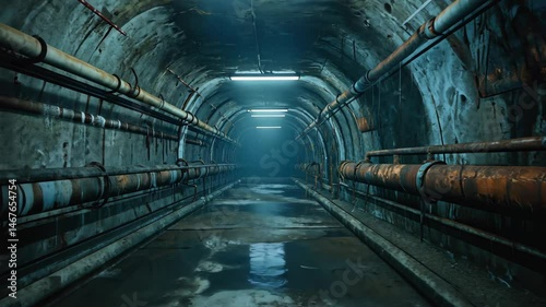 Mysterious underground tunnel with aged pipes and damp concrete walls under artificial lighting