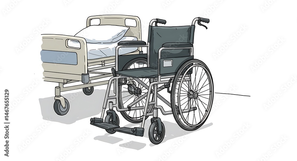 Fototapeta premium Hospital Bed and Wheelchair Illustration in Healthcare Setting