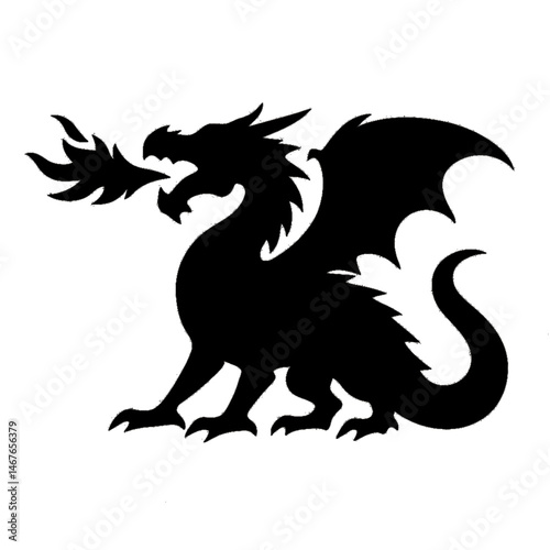 Powerful Dragon Silhouette Breathing Fire Fierce Mythical Fantasy Creature with Wings in Black Color Artistic Style