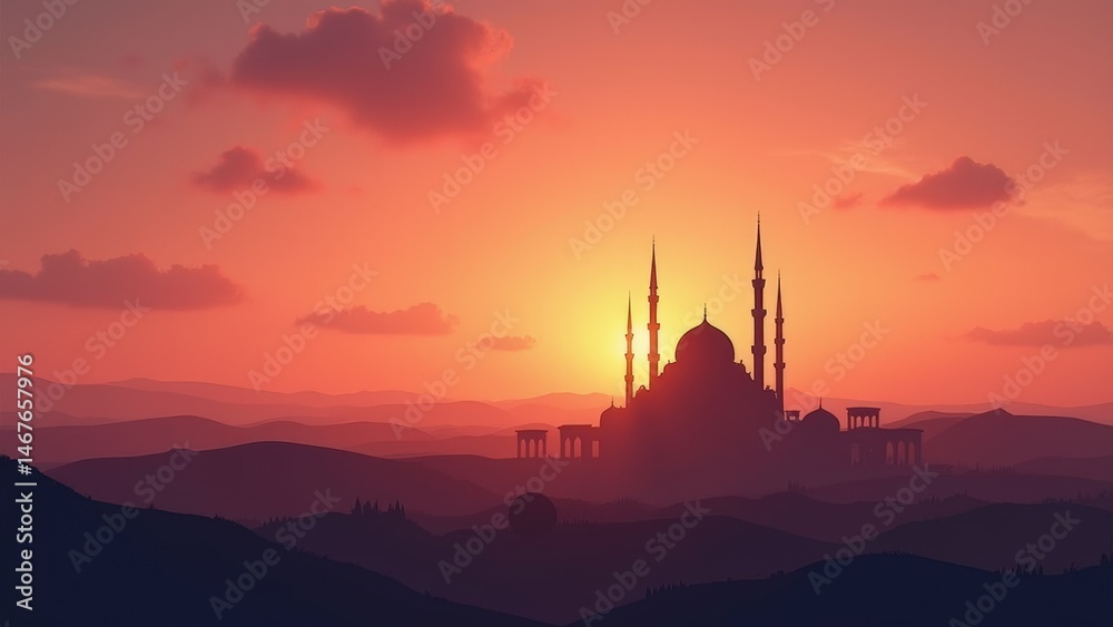Obraz premium A wide landscape with the silhouette of a mosque and minarets against an orange and pink sunset sky