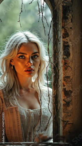 Dreamy woman with blonde hair, gazing through an old stone window covered in vines and branches, in a soft and intimate light