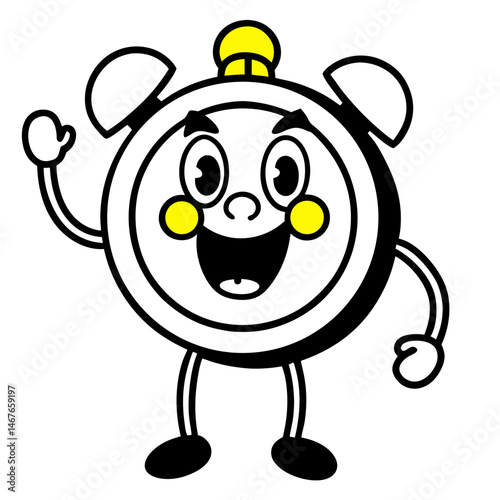 Happy Cartoon Alarm Clock Character Waving Hello