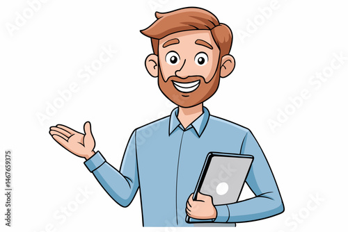 Friendly Cartoon Bearded Man Presenting Tablet and Gesturing