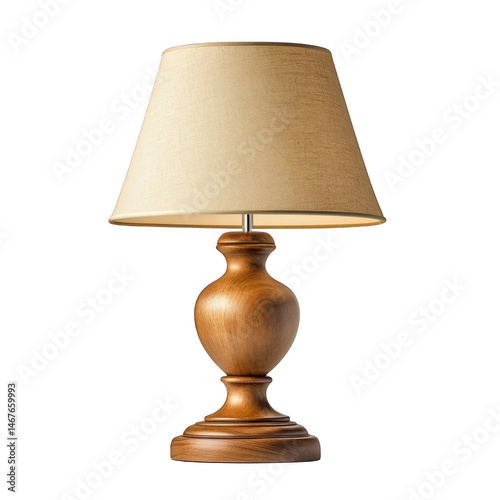 Wooden lamp with beige lampshade on transparent background