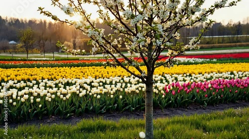 Blossoming tree foreground over vivid tulip fields in full bloom under warm sunlight. Beauty in nature, spring landscape background.