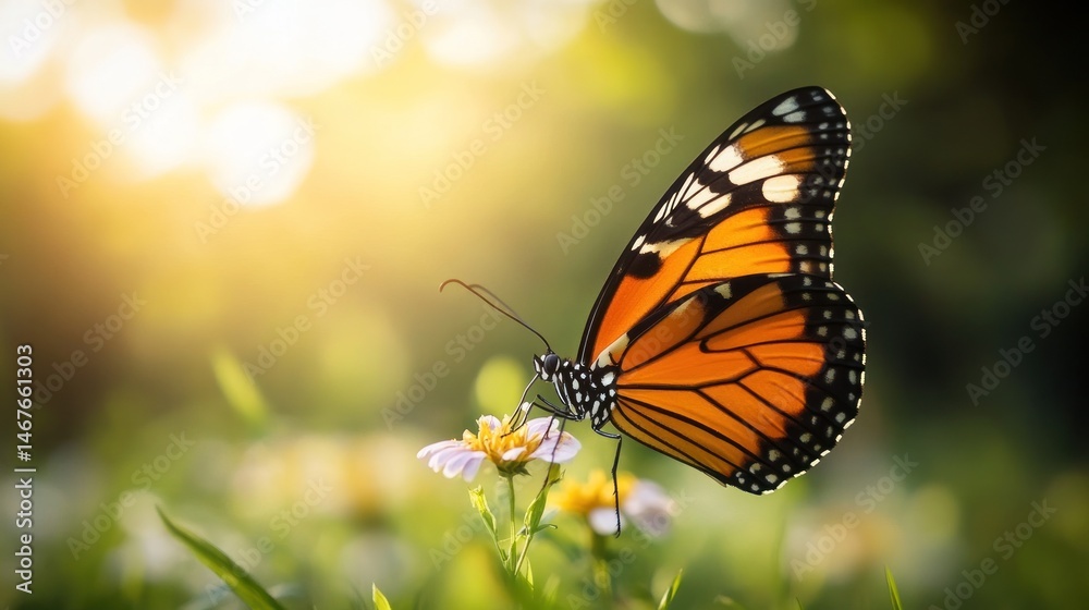 Fototapeta premium Monarch butterfly perched on a flower in a sunlit garden