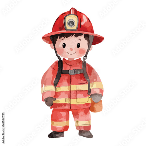 watercolor illustration of boy Firefighter clipart isolated