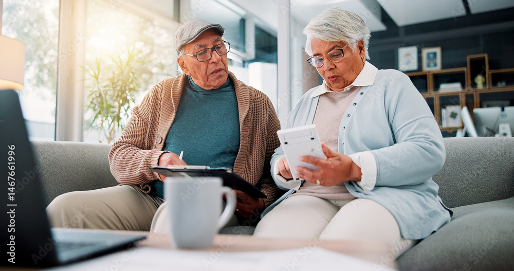 Fototapeta premium Senior couple, clipboard and calculator at house for finance planning, review bills and payment checklist. Elderly people, budget and document for expenses, insurance application and asset management