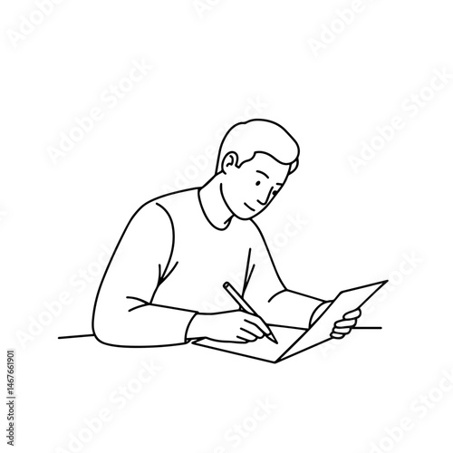 Man focused on writing notes against a minimalist background  