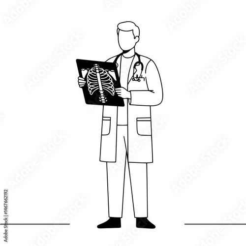 Doctor examining x-ray in black and white illustration  