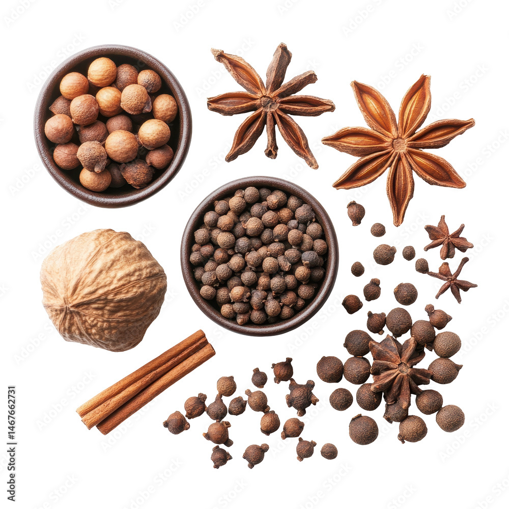 Fototapeta premium Colorful arrangement of various spices and herbs on a white background showcasing their unique shapes and textures