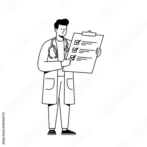Doctor reviewing checklist in black and white illustration  