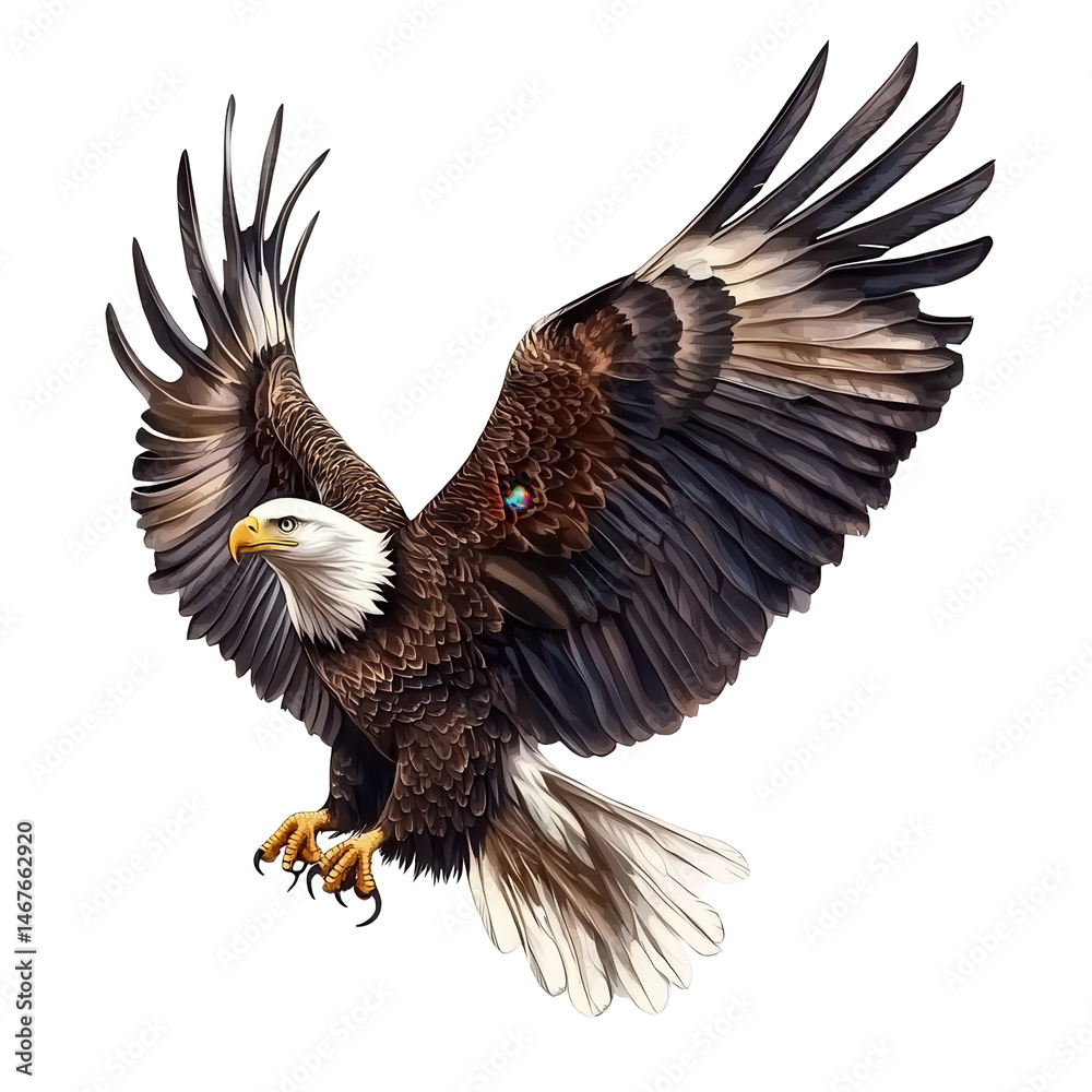 Fototapeta premium Majestic eagle soaring with outstretched wings against a plain background