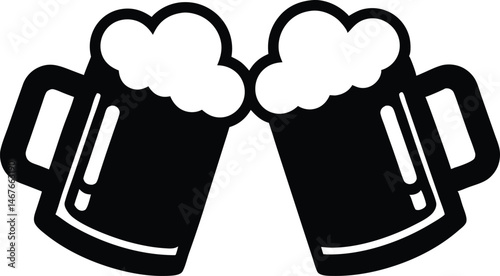 two beer mugs black silhouette vector, Two clinking beer mugs black symbol