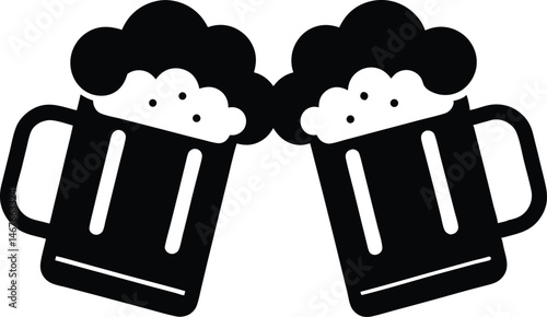 two beer mugs black silhouette vector, Two clinking beer mugs black symbol
