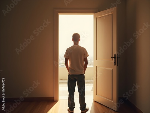 Young person standing in front of door decision making deciding entering light welcome guest concept real estate career path choosing study choice possibility opportunities mortgage