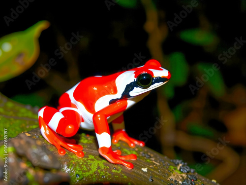 A red and white frog is sitting on a leafy branch. The frog is small and has a bright red and white coloration