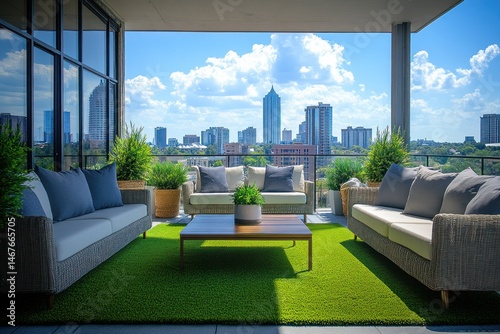 Urban rooftop patio with city views