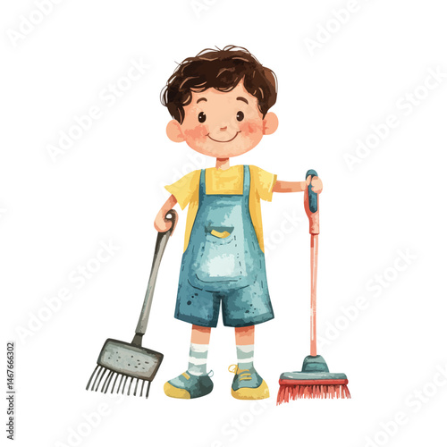 watercolor illustration of boy housekeeping Staff clipart isolated