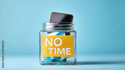 A smartphone in a glass jar labeled 