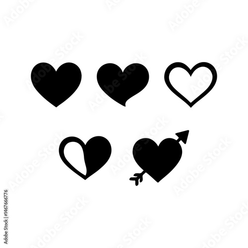Set of hearts in black color, heart icons set vector, set of hearts different shapes for design. Heart collection. Vector art. Heart, love, romance hearts. Vector icons. Heart love symbol black