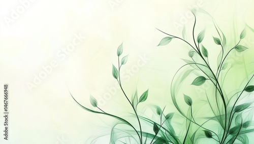 A digital art image of green branches and leaves against a soft pastel background.