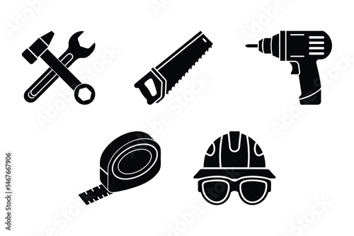 Father's Day Builder Icons Hard Hat, Tools, Gear, and Construction Symbols Honoring Hardworking Dads