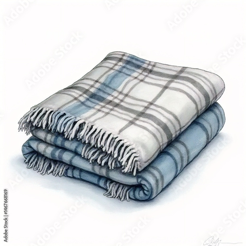 A gentle watercolor sketch of a cozy throw blanket with a plaid pattern