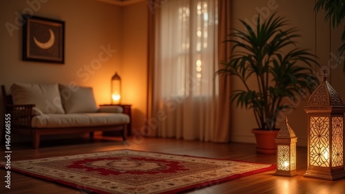 A warm interior scene of a Muslim softly lit living room in Hijri New Year