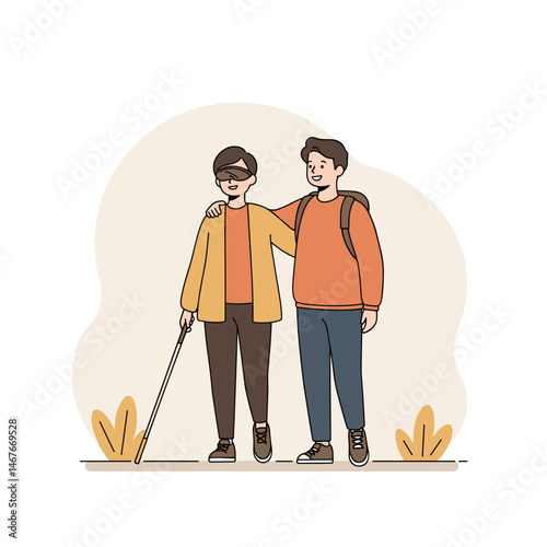  Two friends, one visually impaired, supporting each other in a meaningful friendship