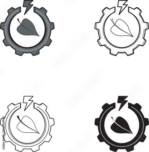 Biomass energy icon set featuring leaf, gear, and lightning bolt—ideal for green tech, renewable fuel, and eco-industrial visuals. Includes color, outline, and monochrome styles.