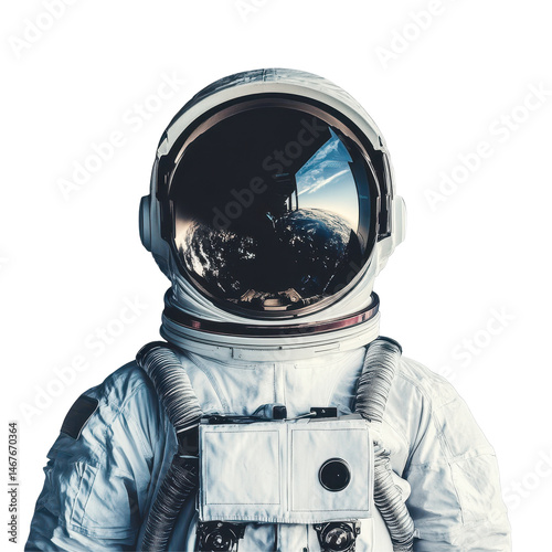 Astronaut wearing a white spacesuit gazes at Earth from the depths of space with a reflective helmet visor
