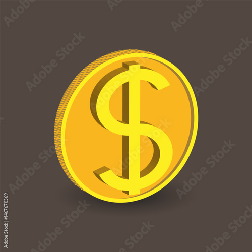 Gold coin with a dollar sign. Stylized image of money on a brown background. Vector illustration