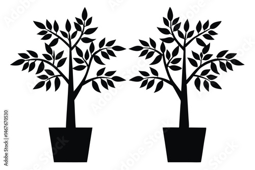 plant in a pot silhouette art, tree plant in a potted black symbol, houseplant isolated 