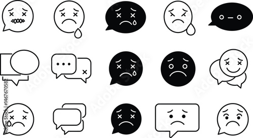 Set of Sad and Depressed Emoticons,Collection of Unhappy Yellow Emoji Icons,Sadness and Disappointment, Expressions of Sorrow and Distress Emoticons Illustration AI Generative