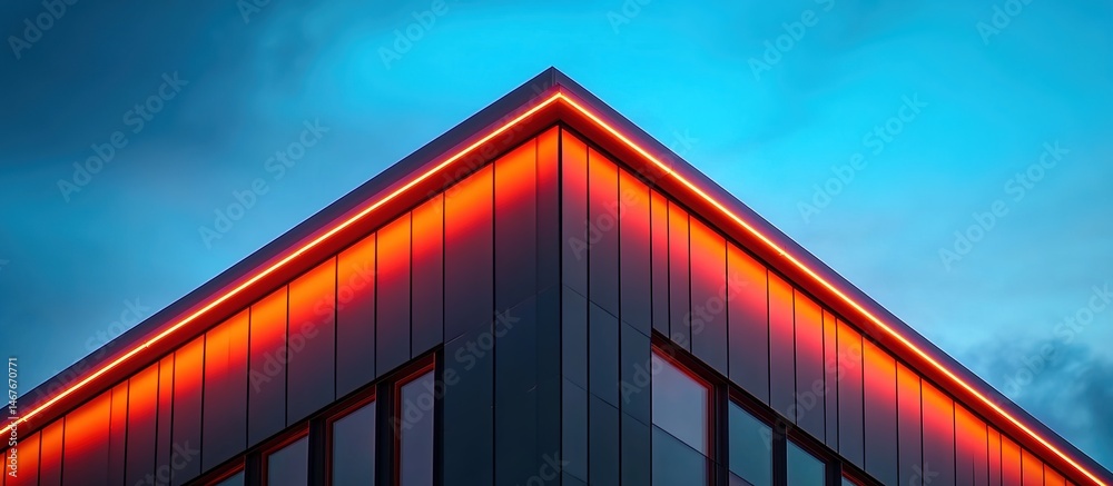 Fototapeta premium Modern building corner with red neon lights along the edge against a blue sky.