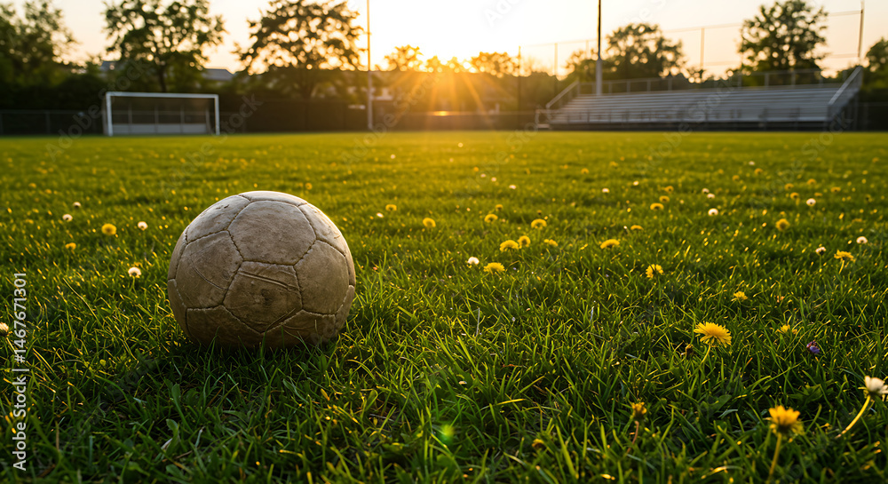 Fototapeta premium Soccer Ball and Field: A weathered soccer ball rests on the vibrant green grass of a sun-drenched field, with the sun setting behind the goal. An ode to the love of sports and moments of triumph.