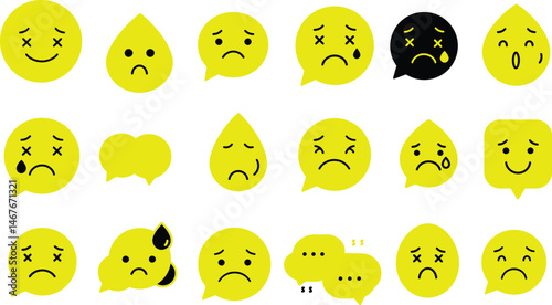 Set of Sad and Depressed Emoticons,Collection of Unhappy Yellow Emoji Icons,Sadness and Disappointment, Expressions of Sorrow and Distress Emoticons Illustration AI Generative