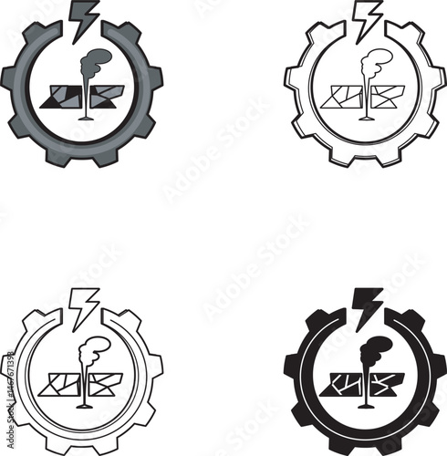 Geothermal energy icon set with gear, steam, and lightning bolt—perfect for eco power, renewable heat systems, and industrial visuals. Includes color, outline, and monochrome styles.