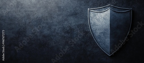 Metallic shield on dark textured background, positioned on the right.